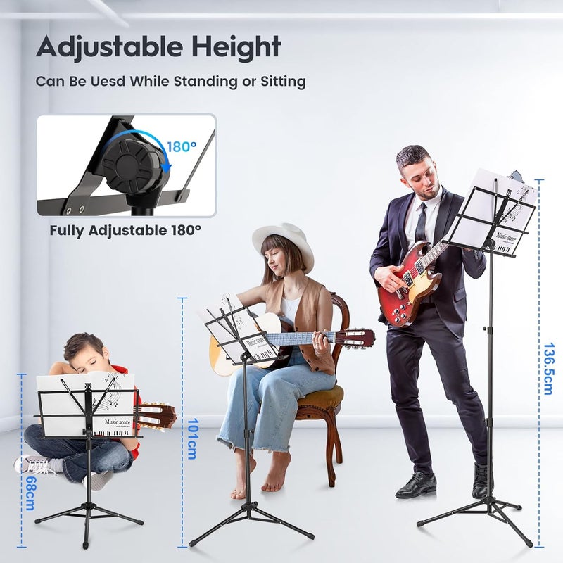 NewBee 2 Pack Music Stand, Foldable & Portable Metal Sheet Music Stand with Carrying Bag, Adjustable Podium Stand with Tripod Base and Sheet Music Folder - Black - Image 2